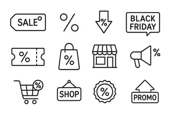 Discount icon set for sale and promotion. Line icons collection for Black Friday, retail, and e-commerce. Vector symbols of percentage, coupon, shop, store, price tag and special offer.