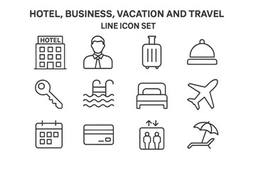 Hotel service and travel vacation thin line icon set. Simple outline icons for business trip, accommodation, booking, flight and holiday. Vector pictogram collection.