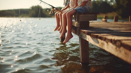 Lake Days: Kids Sitting on Dock with Reflections in Water