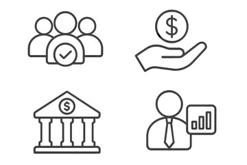 Finance and recruitment icon set. Line art vector graphics for business concepts like banking, investment, salary, hiring, approved candidate, and financial growth chart.