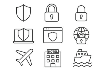 Security and travel line icon set. Vector symbols for web and mobile. Shield, lock, cyber safety. Airplane flight, hotel booking, cruise ship vacation. Secure internet.