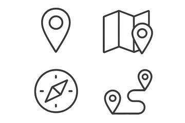 Navigation and location line icons set. Map pin, pointer, compass, and route symbols. GPS marker for destination and travel direction. Minimalist vector pictogram for web.