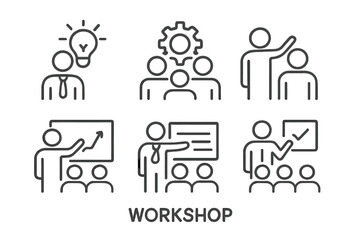 Workshop line icon set. Business training, team building, teamwork, coaching, and presentation symbols. Professional seminar and corporate conference vector pictograms. Outline style.