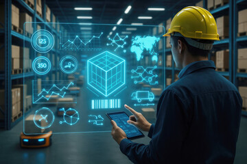 Warehouse worker interacting with futuristic holographic data display hard hat tablet