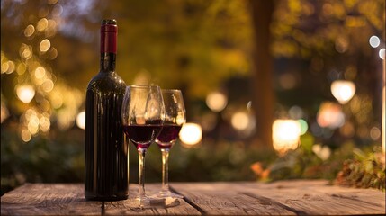 Red wine bottle and glasses on a rustic wooden table, surrounded by warm ambient lighting.