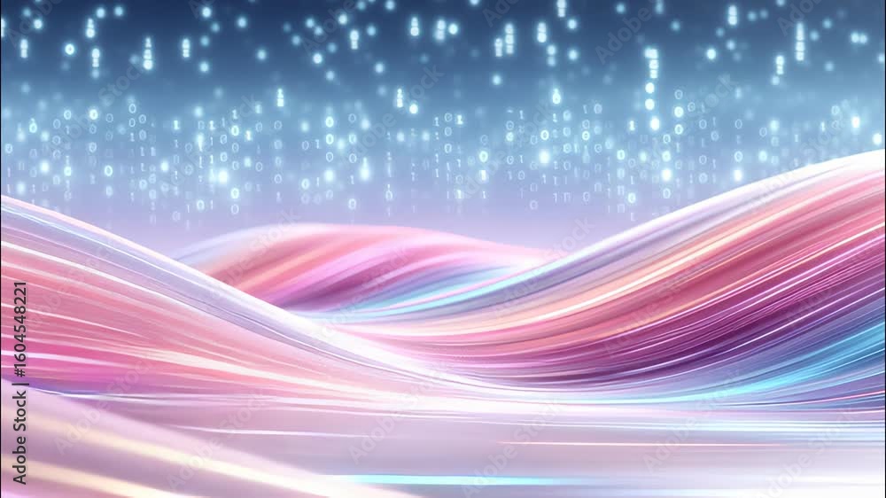 Poster digital wave landscape flowing colorful lines glowing binary code creating futuristic dynamic atmosp
