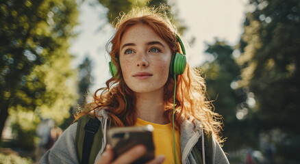 Young caucasian woman with red hair wearing green headphones, looking up and holding a smartphone. Teenager listening to music or podcast.