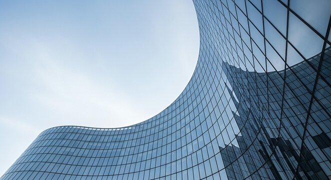 Modern architectural glass building with curved facade reflecting the sky