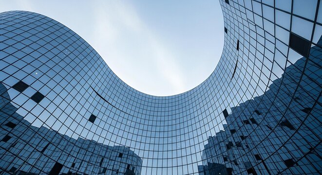 Modern architecture with curved metallic facade and sky view