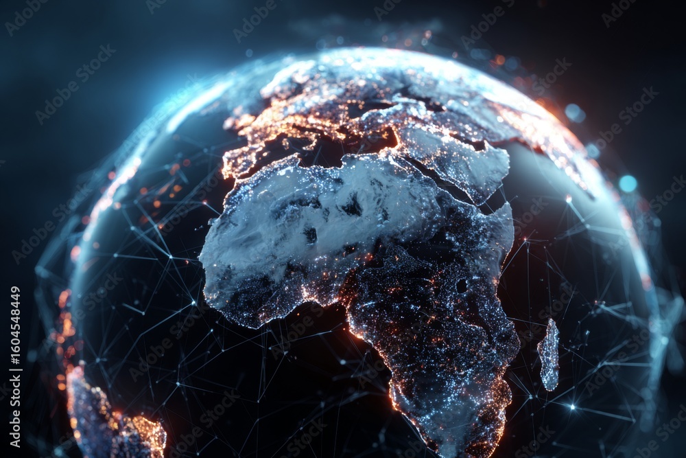 Poster futuristic digital globe showing europe and africa with light connections displaying global communic