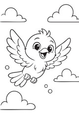 Simple black and white drawing of a cheerful bird flying in the sky with clouds in the background. A fun and easy coloring page for children