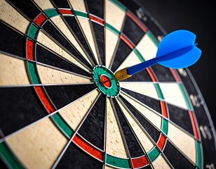 Close-up of a dartboard with a blue dart in the bullseye