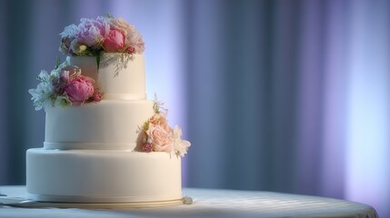 Elegant wedding cake adorned with floral decorations under soft overhead lighting.
