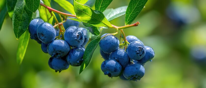 The vibrant blueberries hanging from branches under sunlight in a lush garden.