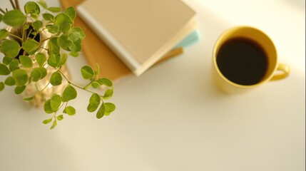 Minimalist office desk with notebook and coffee, surrounded by decorative leaves in soft light.