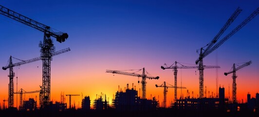 The construction cranes silhouetted against a vibrant sunset on an urban skyline.