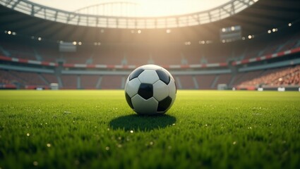 Obraz premium Soccer Ball on Green Field in a Stadium with Sunlight 