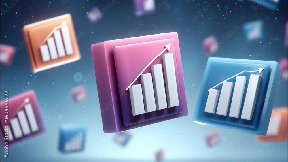 Poster rising bar chart 3d icon in colorful cubes and blocks floating in space showing business finance gro