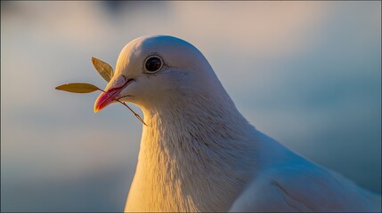 A white dove holding an olive branch, softly lit by golden sunlight, representing hope and harmony.