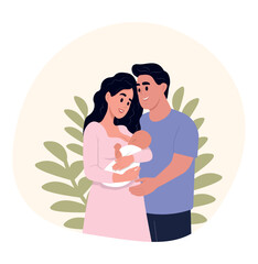 Happy young parents holding newborn baby. Loving family with infant. Mother and father with toddler. Parenthood and family care concept.