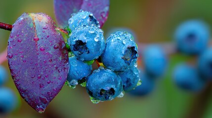 Close-up of vibrant blueberry leaves with morning dew and natural backlighting.