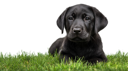 Black Labrador sitting on grass isolated on white background