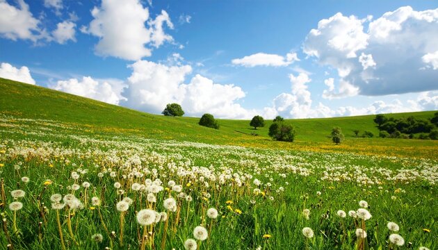 Field of blooming sunflowers and dandelion seed heads bathed in warm golden sunlight, with vibrant greenery and scattered trees under bright blue sky with clouds, evoking harmony between seasonal grow