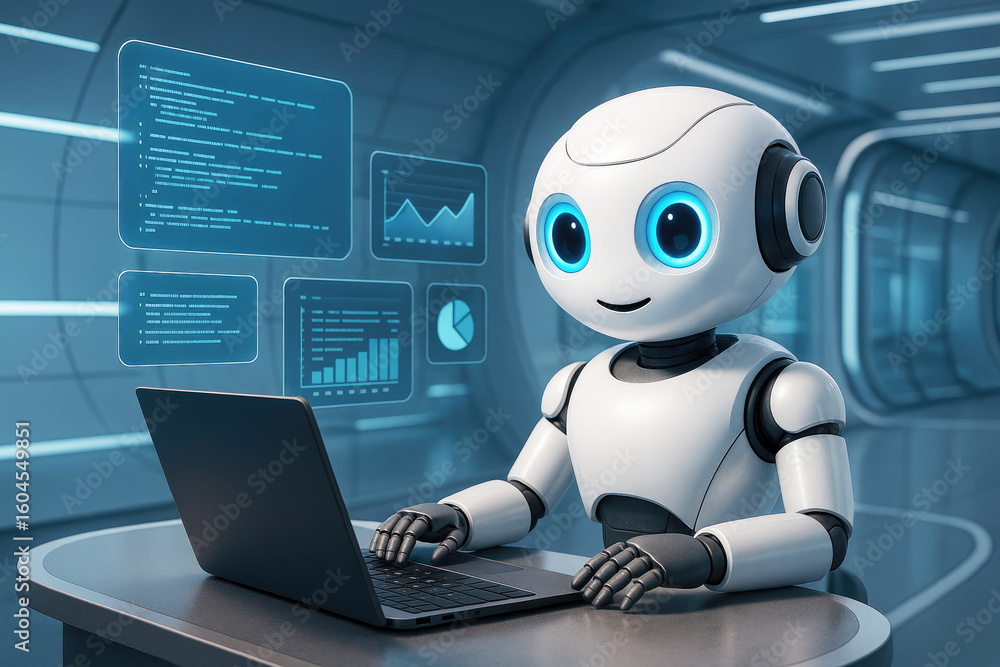 Aufkleber white robot with blue eyes typing on laptop displaying data charts artificial intelligence