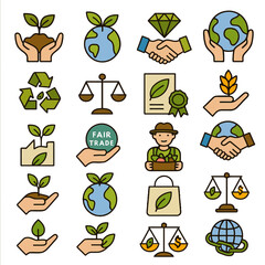 Eco-friendly and social responsibility line icon collection. Symbols for sustainability, conservation, and fair trade business.
