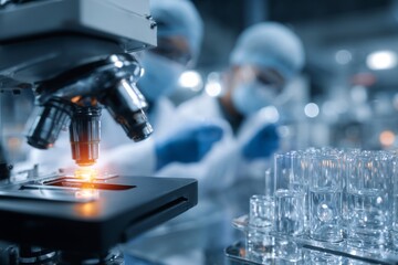 Laboratory Scene with Scientists Performing Experiments in Glassware and Using Microscope, Focus on Test Tubes and Research Atmosphere