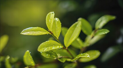 Close-up of vibrant blueberry leaves with morning dew and natural backlighting.