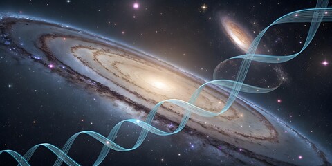 Cosmic dna helix intertwined with spiral galaxy in deep space.