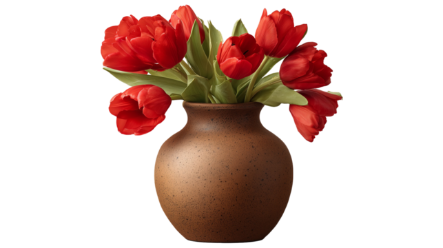 Clay vase pot with fresh red tulips flowers with green leaves isolated on a transparent background