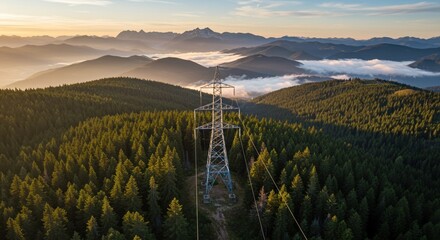 Power Line Over Forest and Mountains at Sunrise