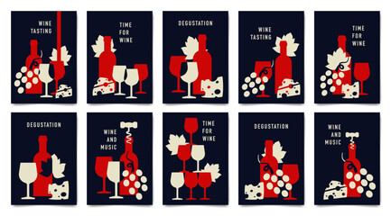 Set of minimalist wine tasting poster design. Flat vector illustration. Bottles of wine, glasses, grape and cheese.	