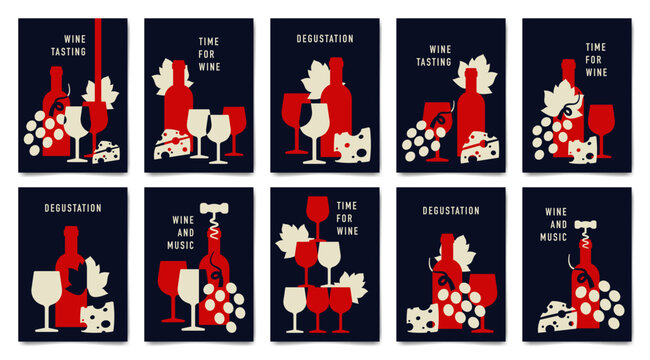 Set of minimalist wine tasting poster design. Flat vector illustration. Bottles of wine, glasses, grape and cheese.	