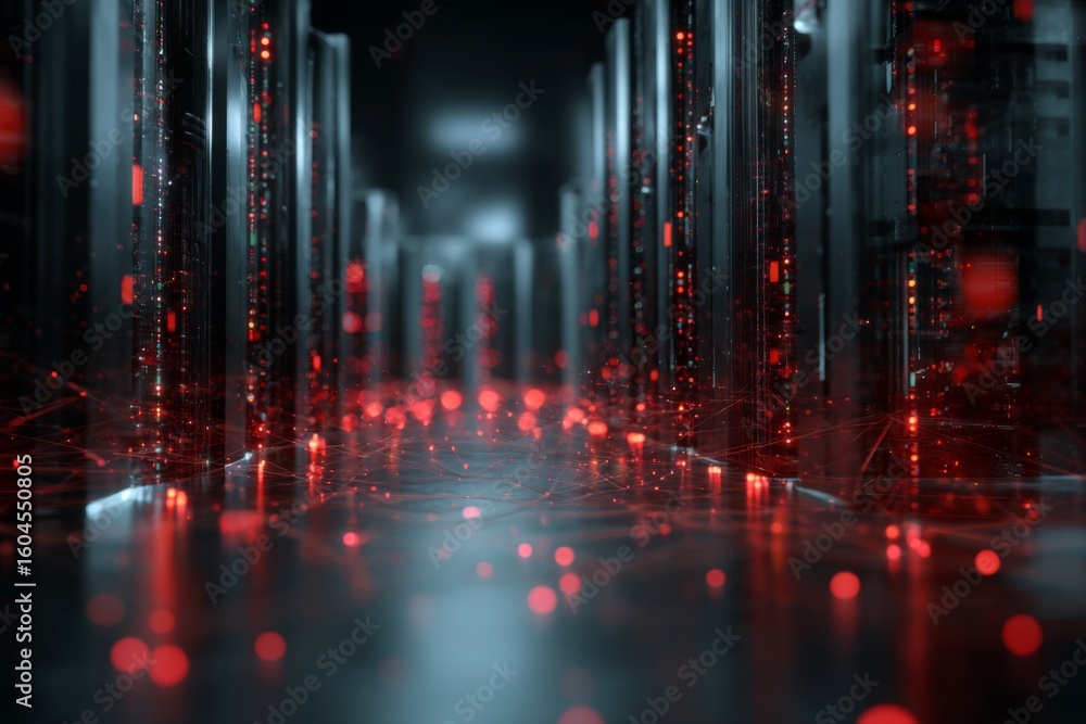 Poster futuristic data center with glowing red lights and digital connections flowing along server racks in