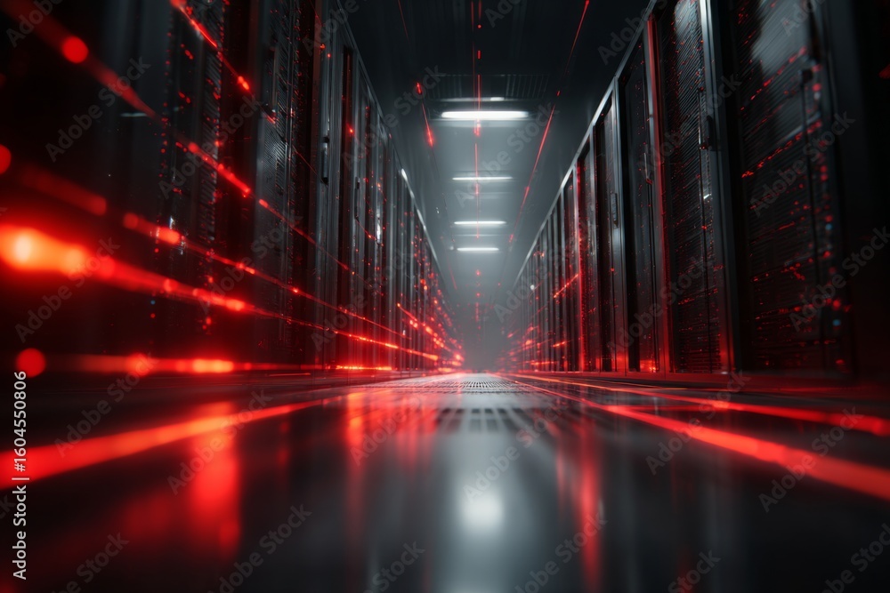 Aufkleber futuristic data center with glowing red lights and digital connections flowing along server racks in