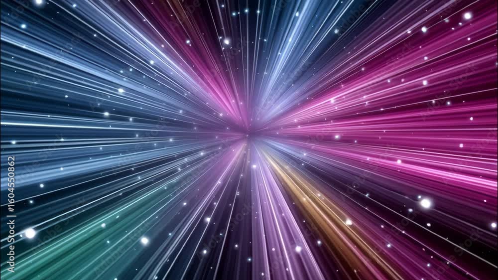 Poster colorful light streaks radiate with sparkling particles and dynamic cosmic energy, creating vibrant 