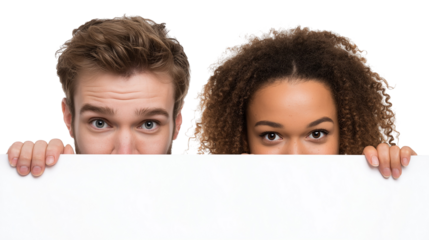 Close up portrait of funny man and woman peeking over white sign board isolated white background, cutout PNG