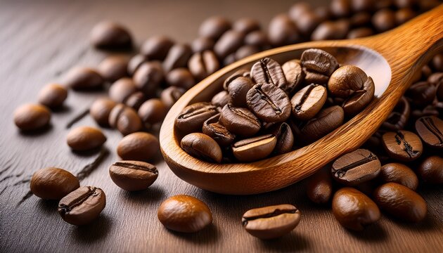 macro image of roasted coffee beans in a wooden spoon ideal for concepts like morning routine caffeine boost or cafe design