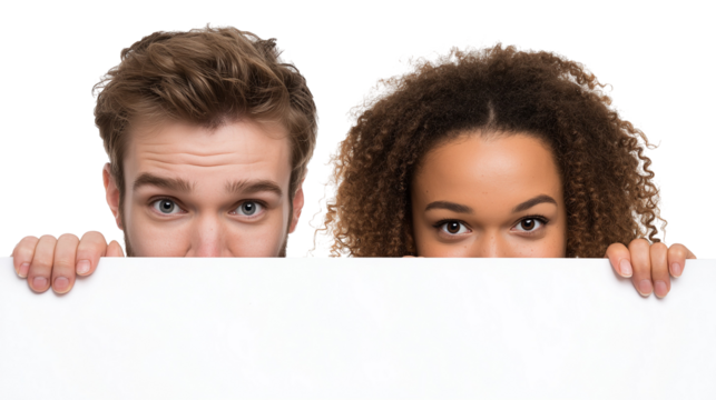 Close up portrait of funny man and woman peeking over white sign board isolated white background, cutout PNG - Powered by Adobe