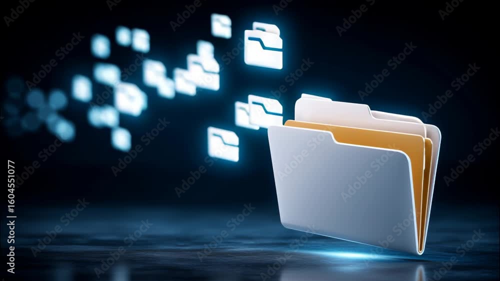Poster digital folder with glowing file icons symbolizing data transfer, digital storage, and technology da
