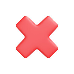 3D render of a red X cross mark symbol on a white background. Minimal design, glossy texture, error or cancel icon concept