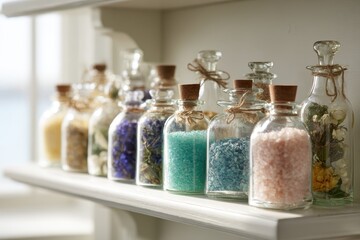 Obraz na płótnie Canvas Colorful Salts & Flowers on Shelf near Window for spa or home decor, with sea view