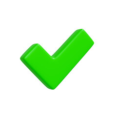 3D render of a glossy green check mark symbol on a white background. Represents success, validation, approval or completion