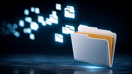 Digital folder with glowing file icons symbolizing data transfer, digital storage, and technology dark environment with blue light effects for data - Powered by Adobe