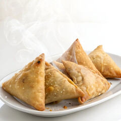 Delicious crispy samosas served on a clean plate, isolated on white background.