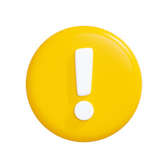 3D render of a white exclamation mark on a round yellow button. Alert or warning symbol for UI, UX, or web design concept