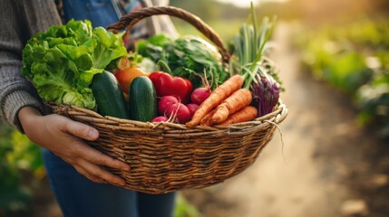 The basket overflowing with fresh vegetables harvested from the garden.